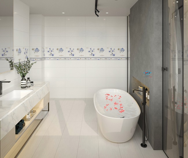Cách phối màu đồng tông sáng của mẫu gạch ốp viền 30x60 Ý Mỹ A36000SLK và nội thất phòng tắm mang lại sự hài hòa tuyệt đối